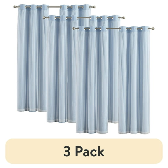 (3 pack) Your Zone Blue Blackout with Sheer Overlay Grommet Curtain Panel, 37" x 84"