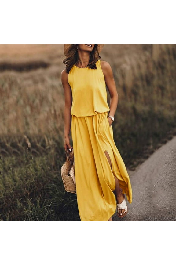 Summer Dress for Women 2023 Plus Size Bohemian Dress Wrap Round Neck Sleeveless Dresses Casual Ruffle Long Dress Split Beach Party Maxi Dress