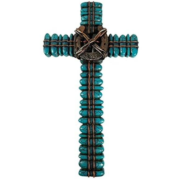 Urbalabs Western 18 Inch Wall Cross Barb Horseshoe Teal Stone Stones Wall Hanging Cross Country Wall Decor Room Decoration Office Church Home (Horseshoe Barb)
