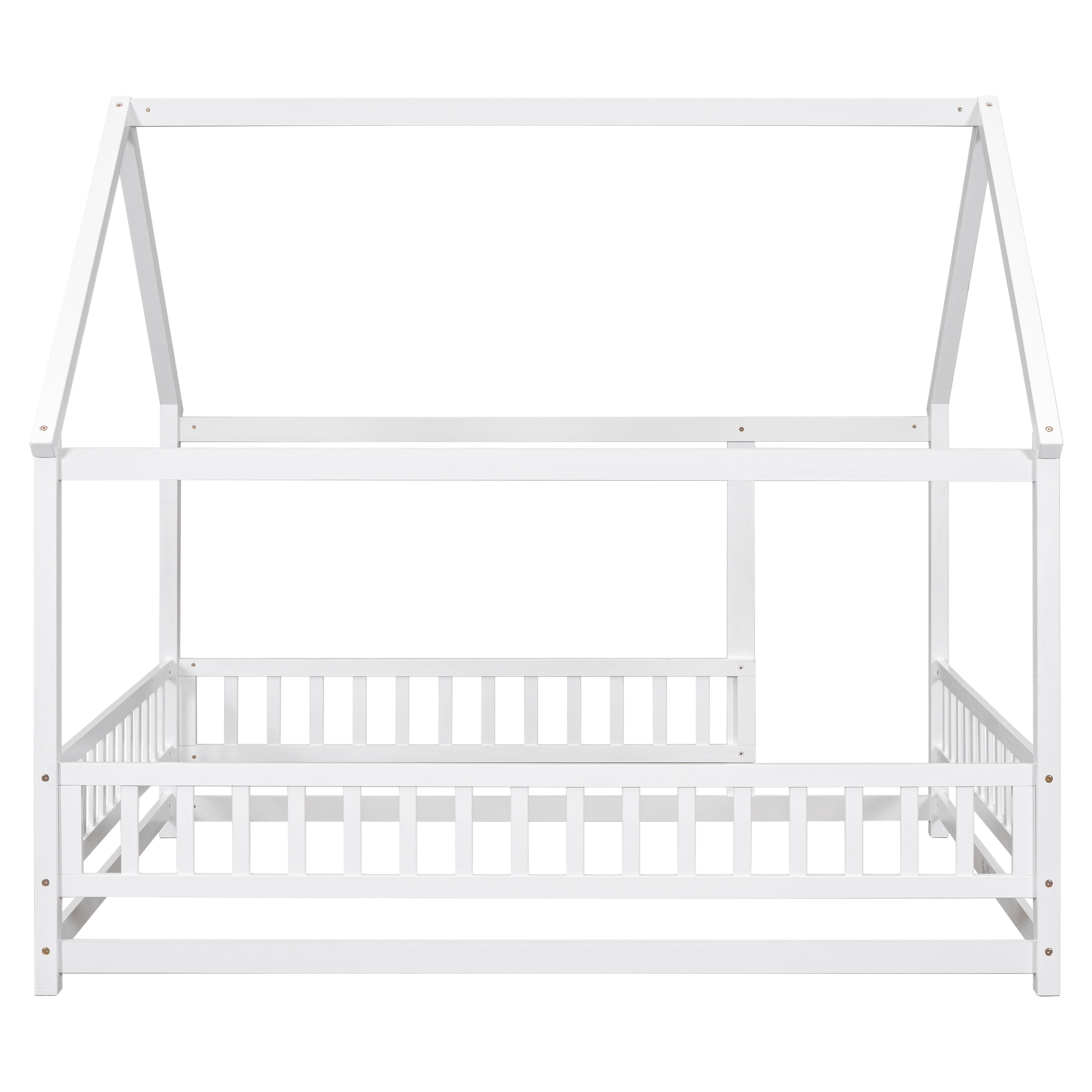 Miniyam Full Size Toddler Bed , Wood Floor House Bed with Rail for Kids, White
