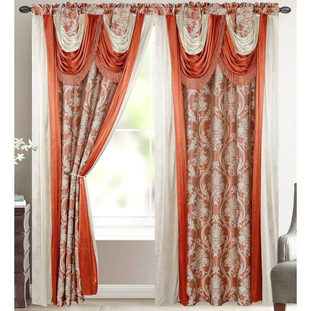 Bella Luxury Jacquard Curtain Panel with Attached Waterfall Valance