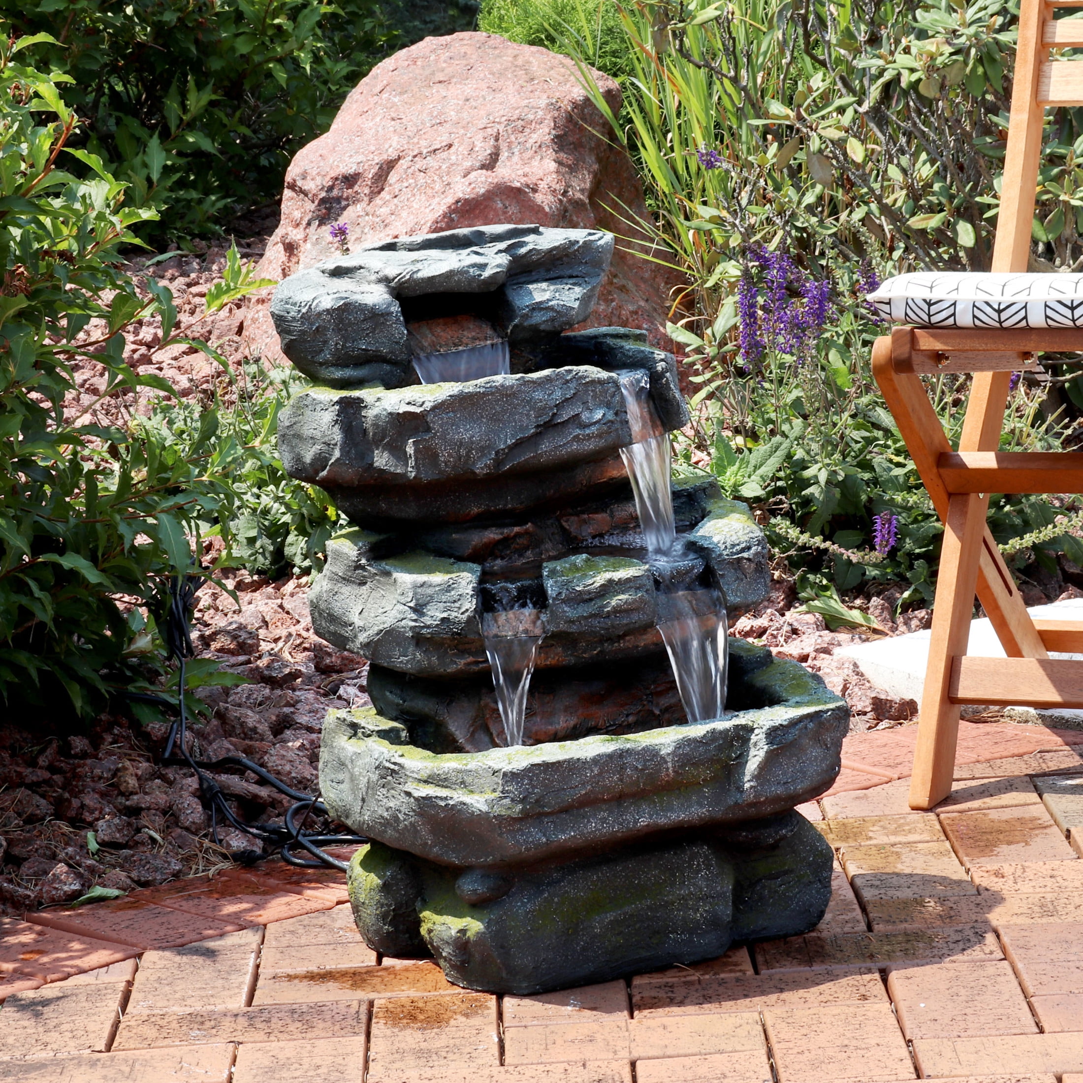 Sunnydaze Stone Waterfall Polyresin Outdoor Water Fountain with Lights