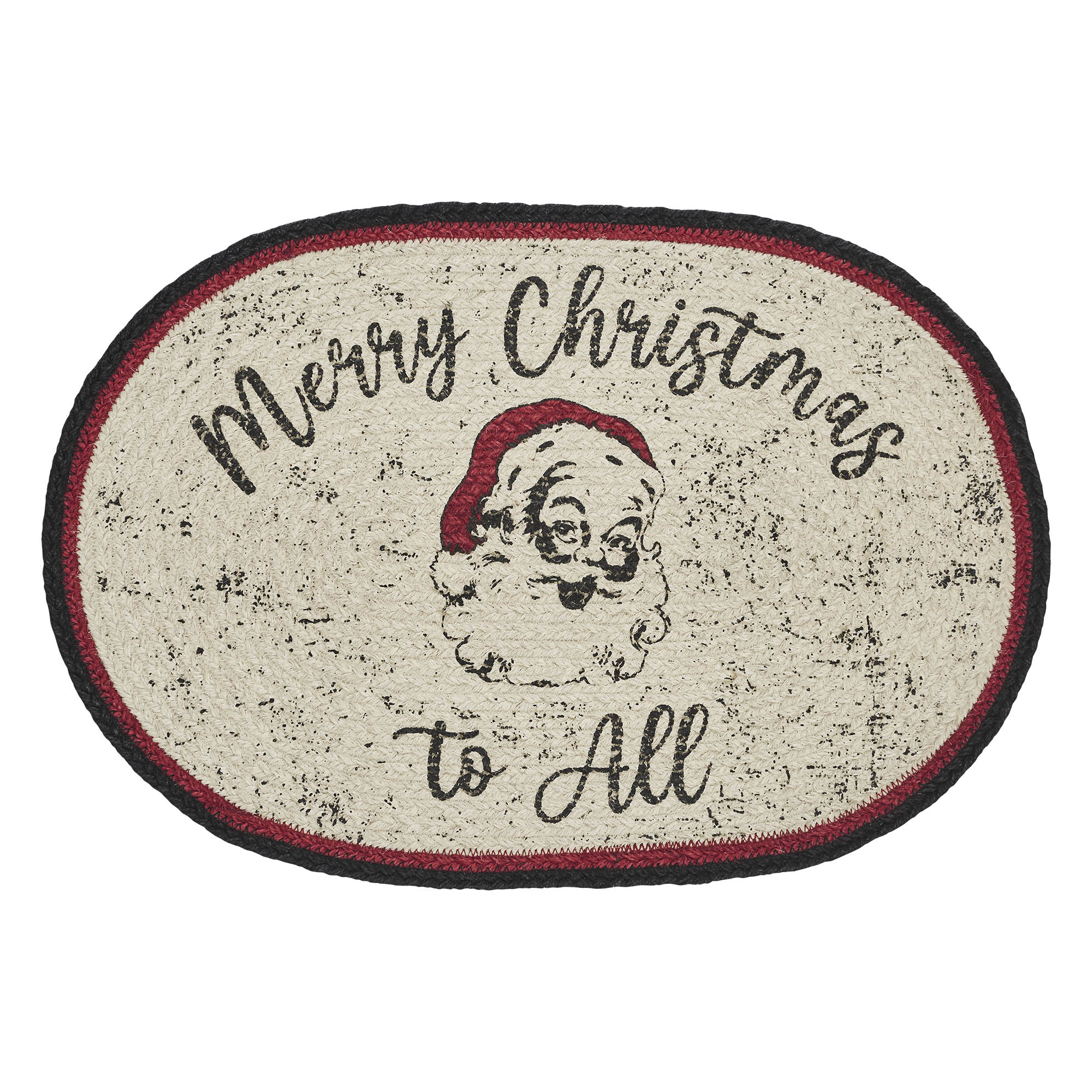 VHC Brands Jolly Ole Santa Farmhouse 20"x30" Merry Christmas to All Accent Rug Red Stenciled Textured Jute Graphic/Print Oval Holiday Decor