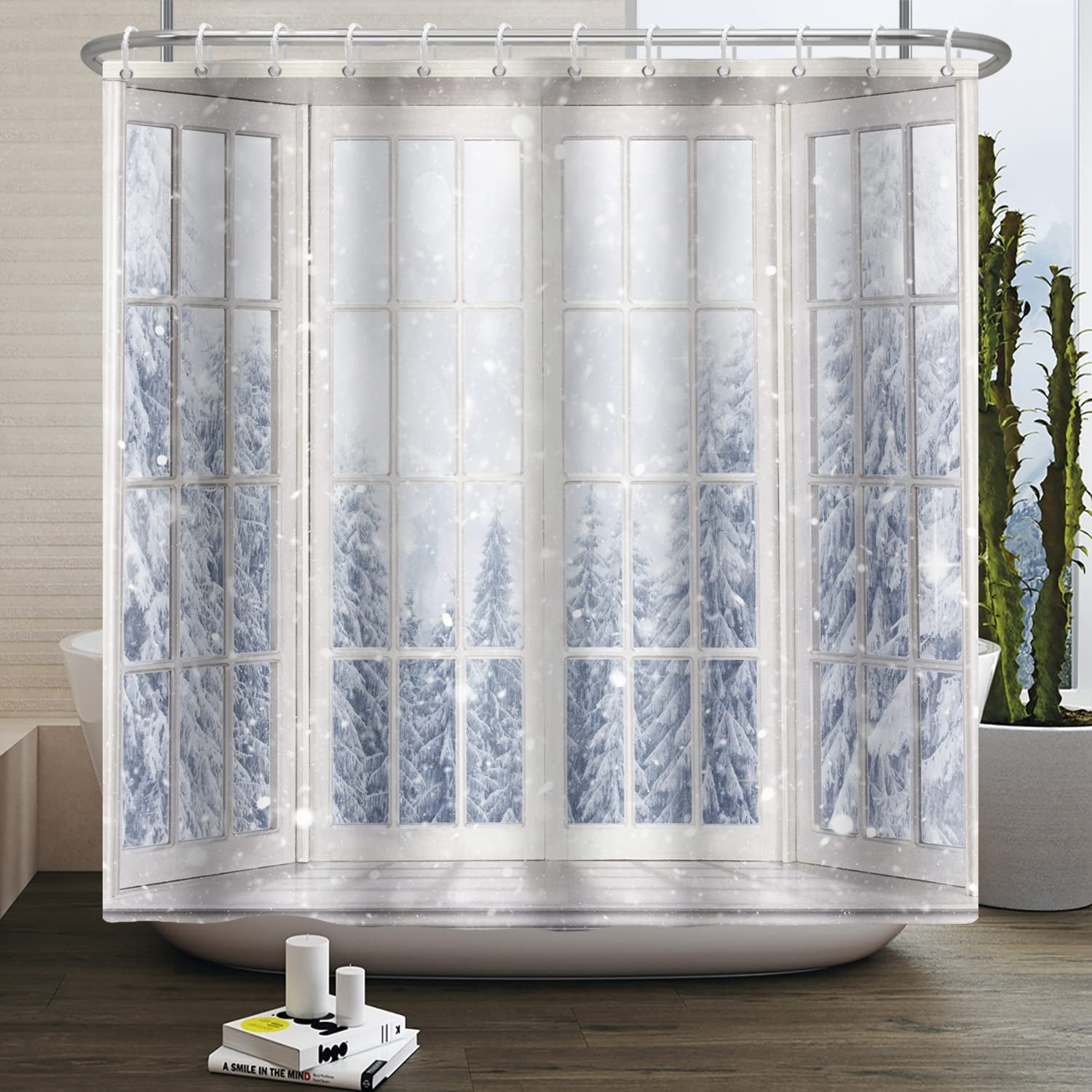 Winter Christmas Shower Curtain Xmas Nature Snowy Scenery with White