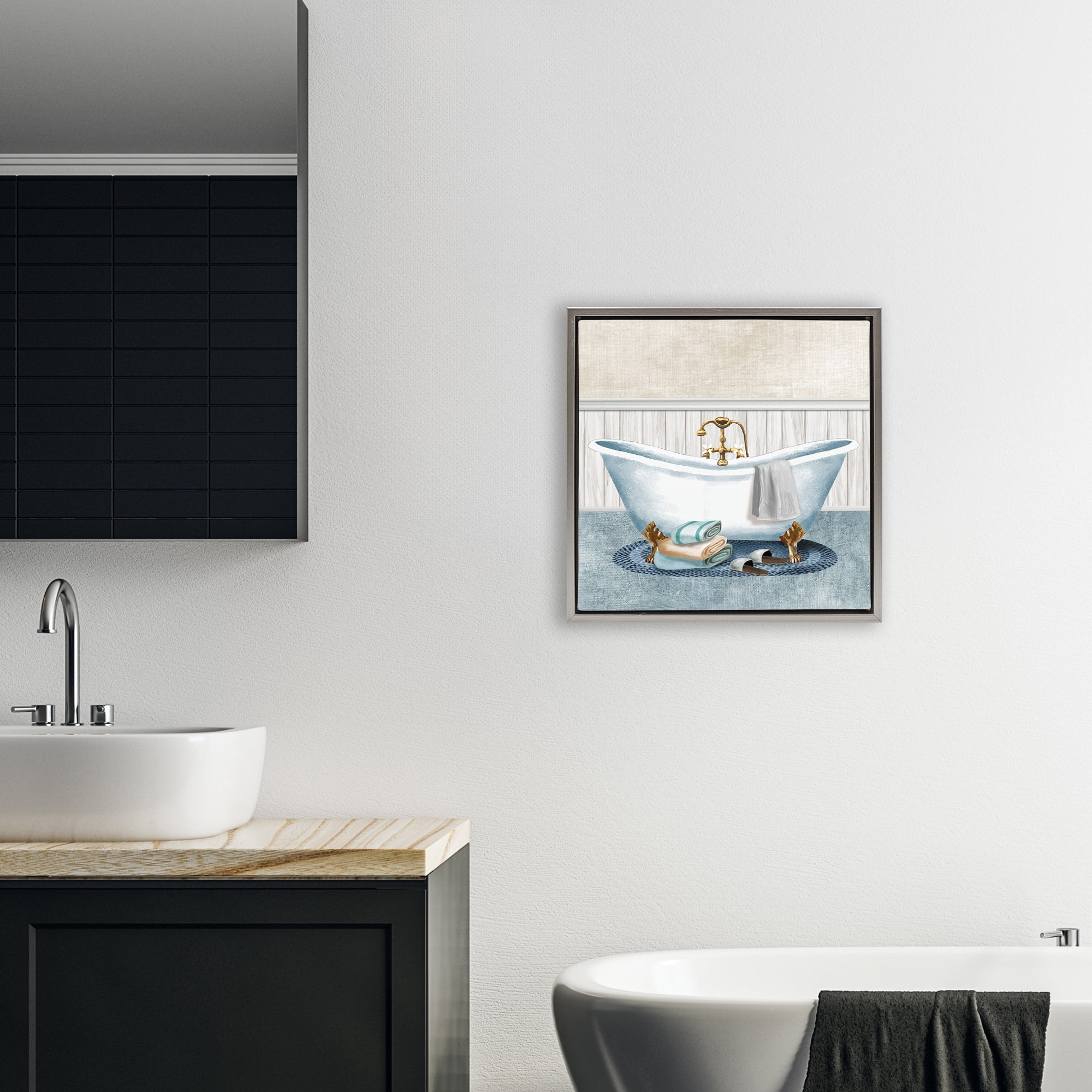 Stupell Industries Cozy Spa Bathtub & Slippers Gray Framed Floater Canvas Wall Art, design by Conrad Knutsen