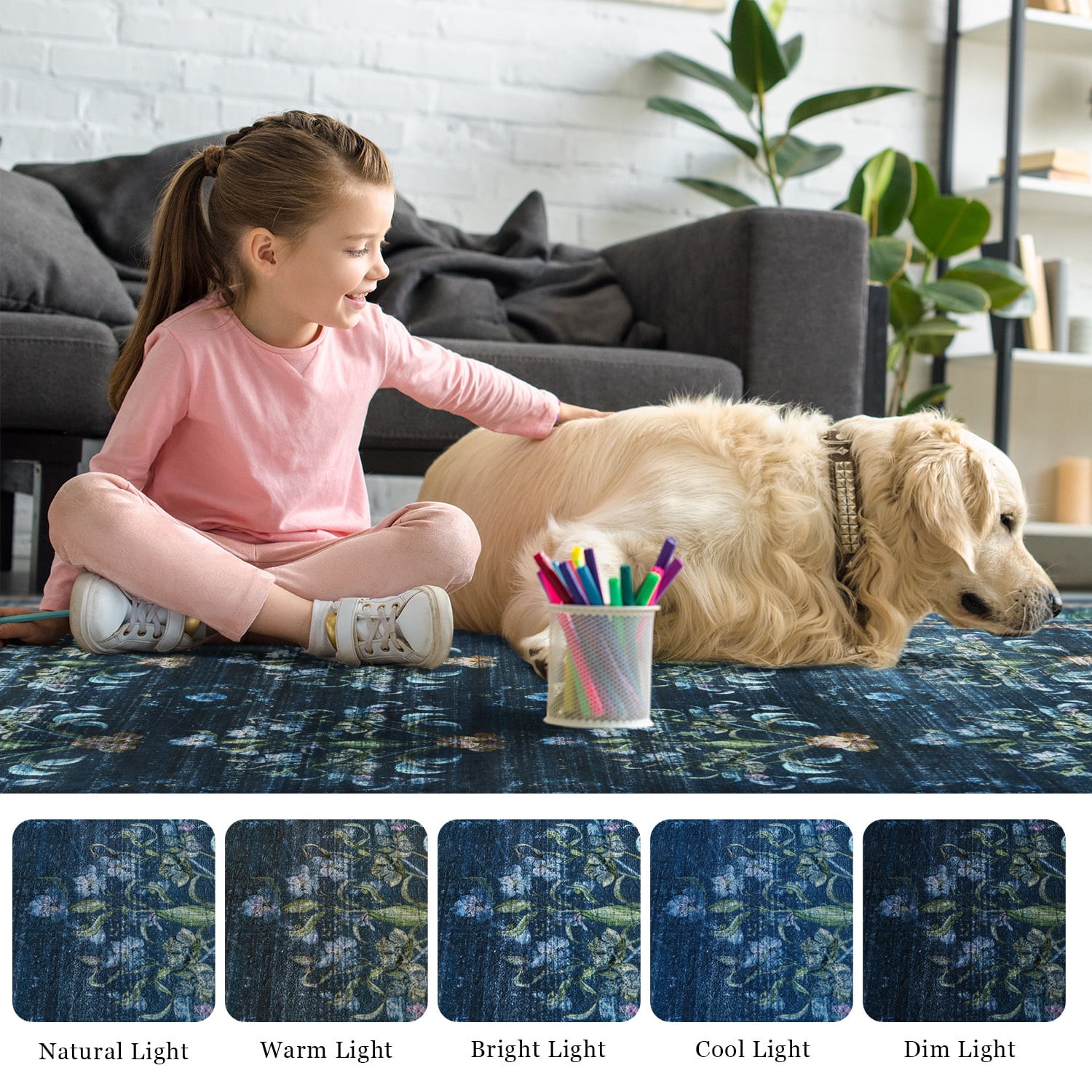 Wondo 5' x 8' Low Pile Area Rugs, Machine Washable Rug for Living Room, Bedroom, Kids' Room & High-Traffic Areas, Navy Blue