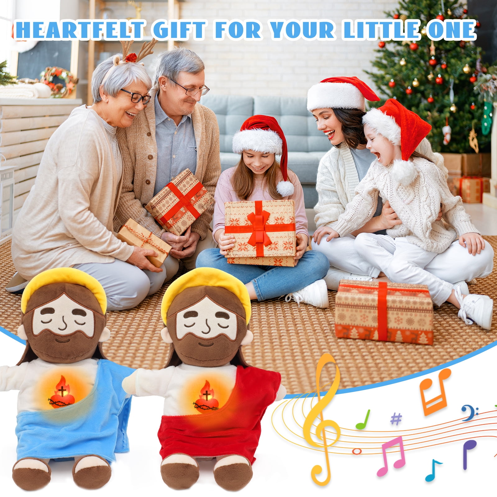 Halo Breathing Jesus Plush Doll Sacred Heart Jesus Doll Sound And Light, Christian Religious Toy For Church Prayer Home Decoration Baptism Easter Christmas Kid Gifts-Red