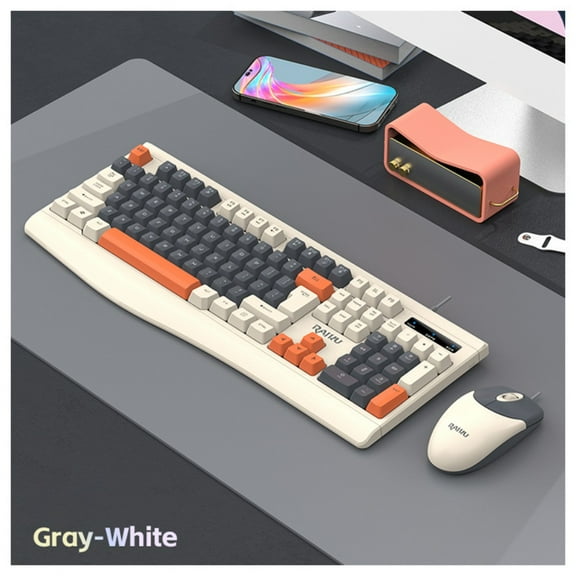 Wired 104-key gaming keyboard and mouse combination, backlit key laser tracking mouse and digital pad - compatible with PC (gray/white/orange), vibrant accent details; durable structure