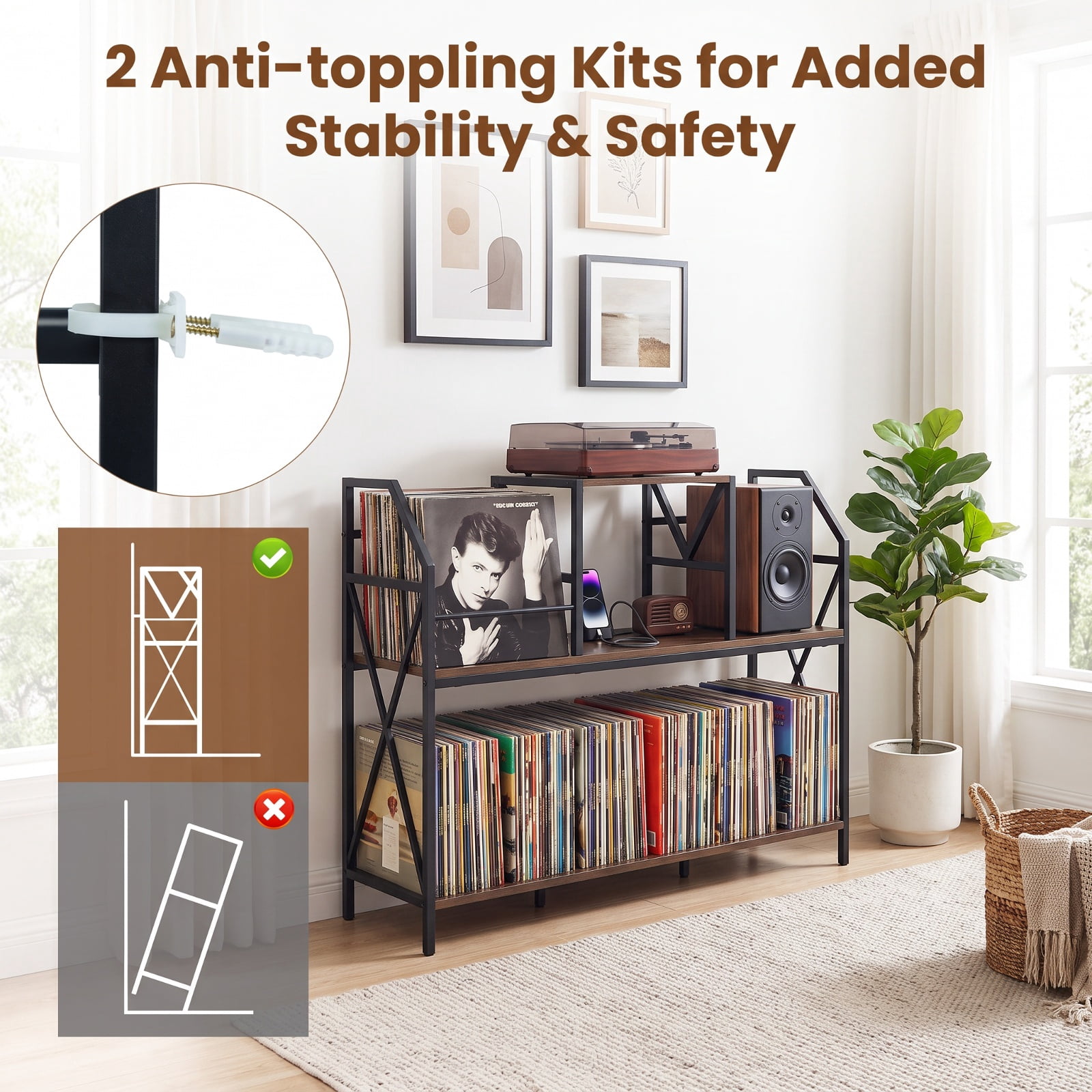 Furnibear Record Player Stand with Power Outlets Vinyl Storage and Album Dividers for Turntables Speakers and Living Room Audio, Rustic Brown