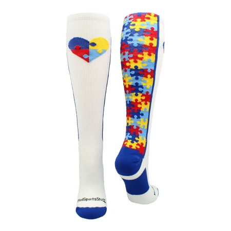Puzzle Heart Autism Awareness OTC Socks (White/Royal, Small) -