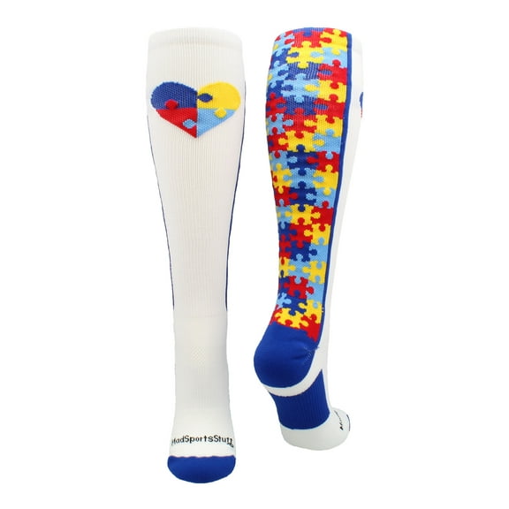 Puzzle Heart Autism Awareness OTC Socks (White/Royal, Large)