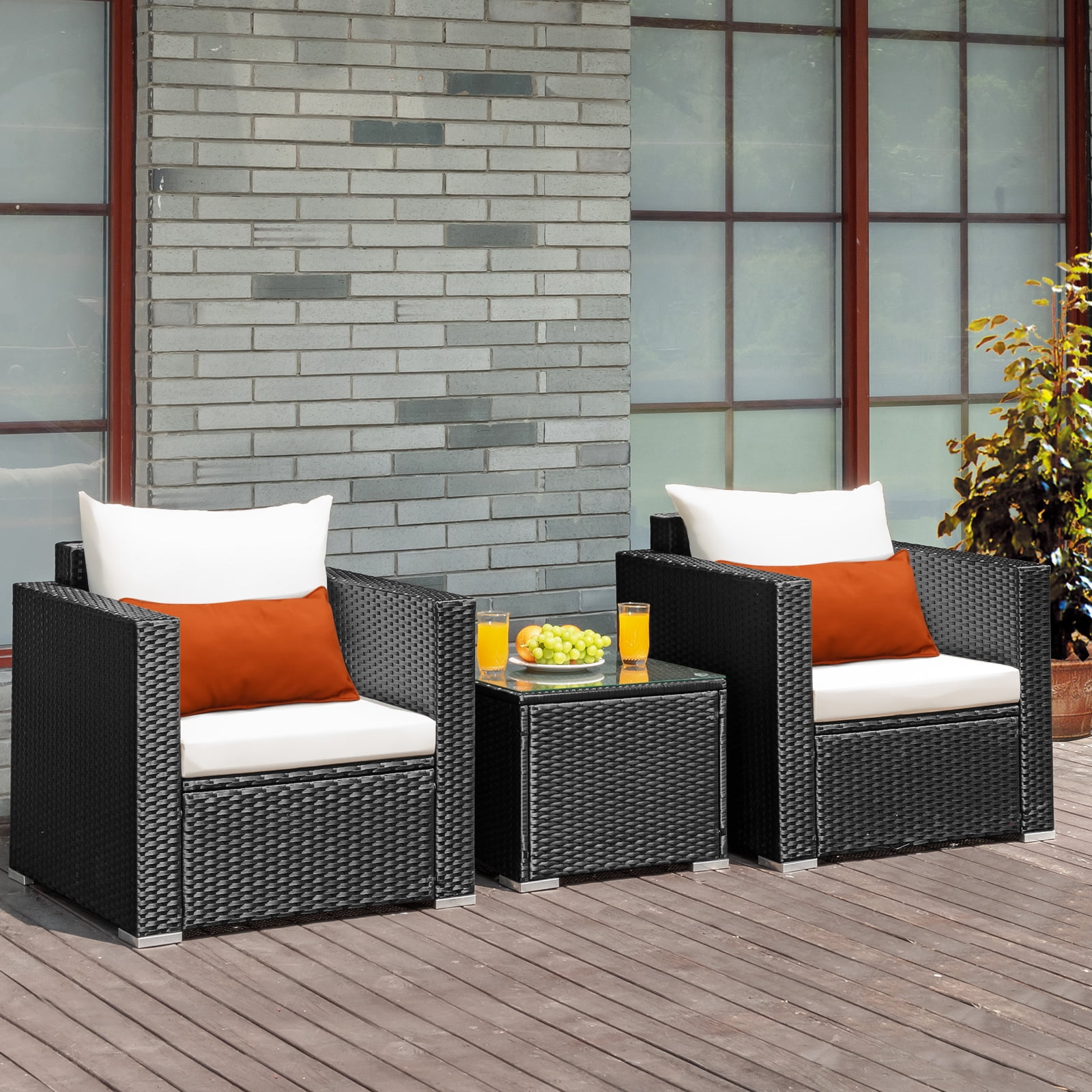 Patiojoy 3PCS Patio Rattan Furniture Conversation Set with 2 Cushioned Sofas & Coffee Table for Outdoor White