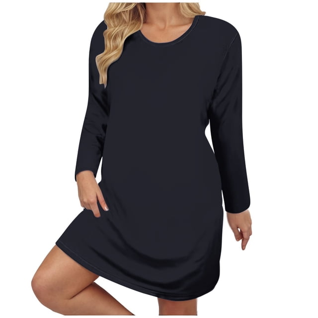 cfhntfmh Robes Mini pour Femmes Grande Taille Douces à Manches Longues Robe T-Shirts Décontractée Ample Col Ras du Cou Couleur Unie Robe d'Automne