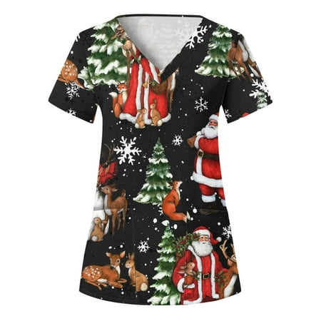 

Christmas Printed Scrub Tops for Women Suitable Shirt For Merry Christmas Printed Short Sleeve V Neck Holiday Fun Patterned Working Tshirts Blouse Tops With Pockets
