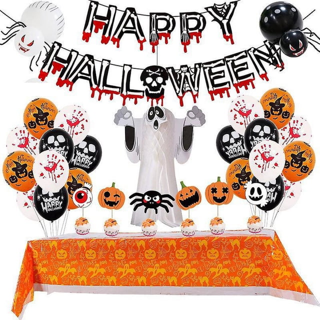 Kit de decoración para fiesta de Halloween: incluye cartel de Feliz Halloween y globos de aluminio para Halloween.