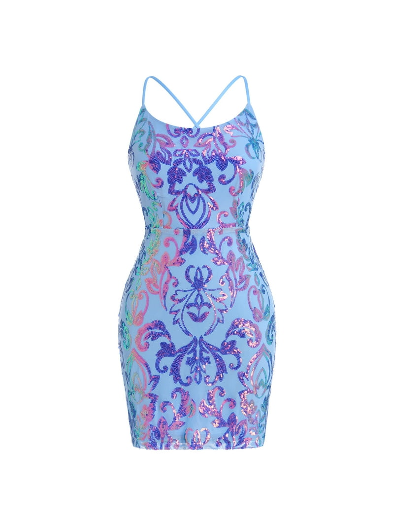 blue and pink sequin dress Floating By Plunging Neckline Mini Dress Sequin Rainbow