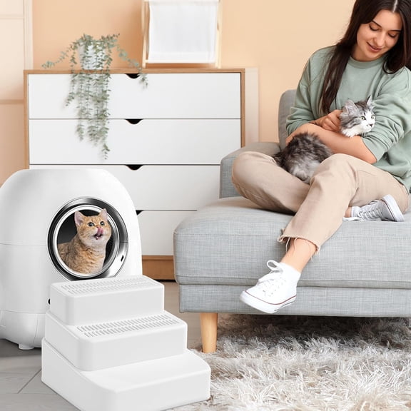 White Adjustable 3-Step Cat Litter Box Ramp - Filter, Detachable Litter Trapper, Non-Slip for Small & Elderly Cats