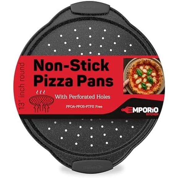 Nonstick Pizza Pan Set with Silicone Handles, Round Carbon Steel Tray 1 Pack 13-Inch with Perforated Holes, Oven & Dishwasher Safe Gray Marble