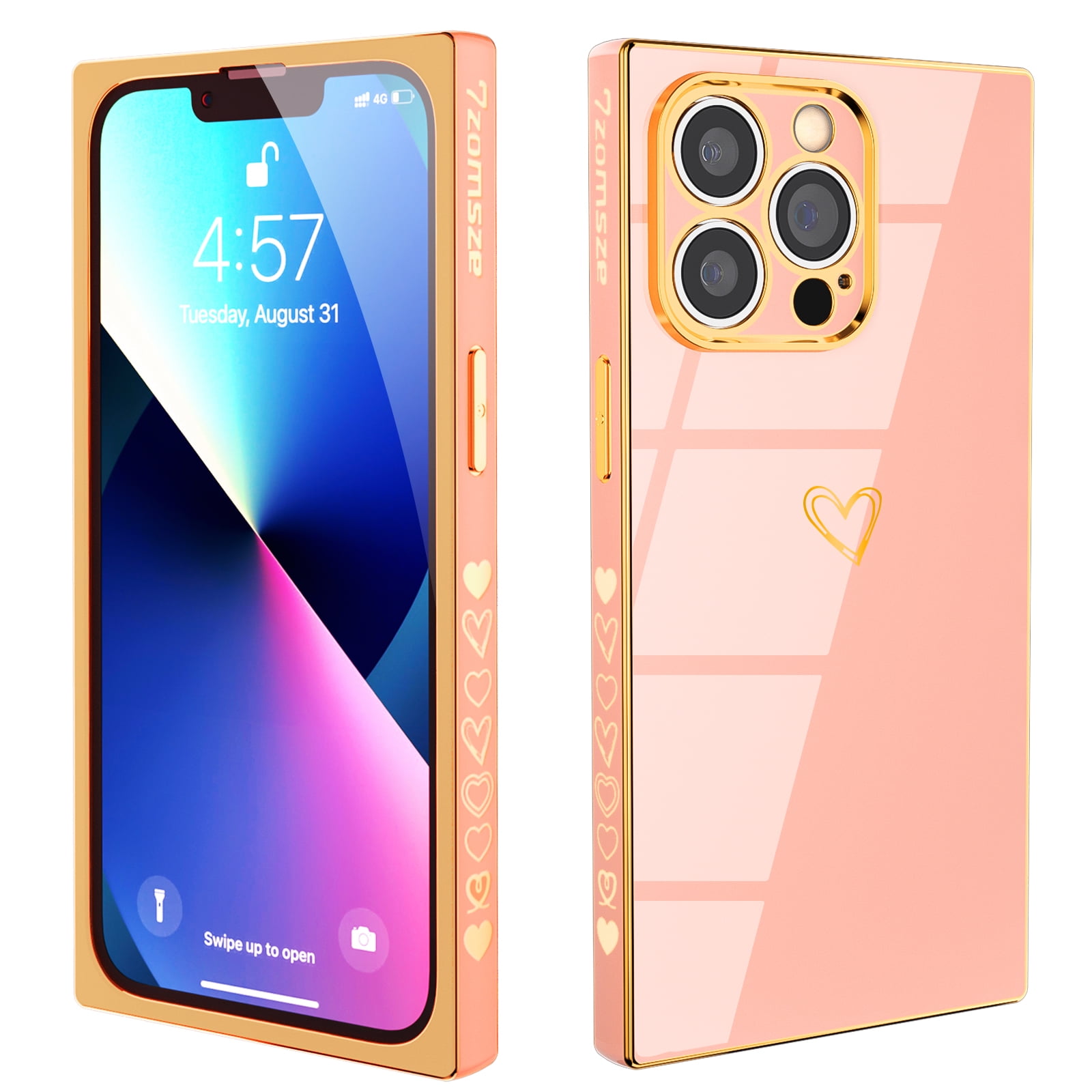 Square iPhone 13 Pro Case, Tzomsze Cute Electroplate Gold Heart Pattern