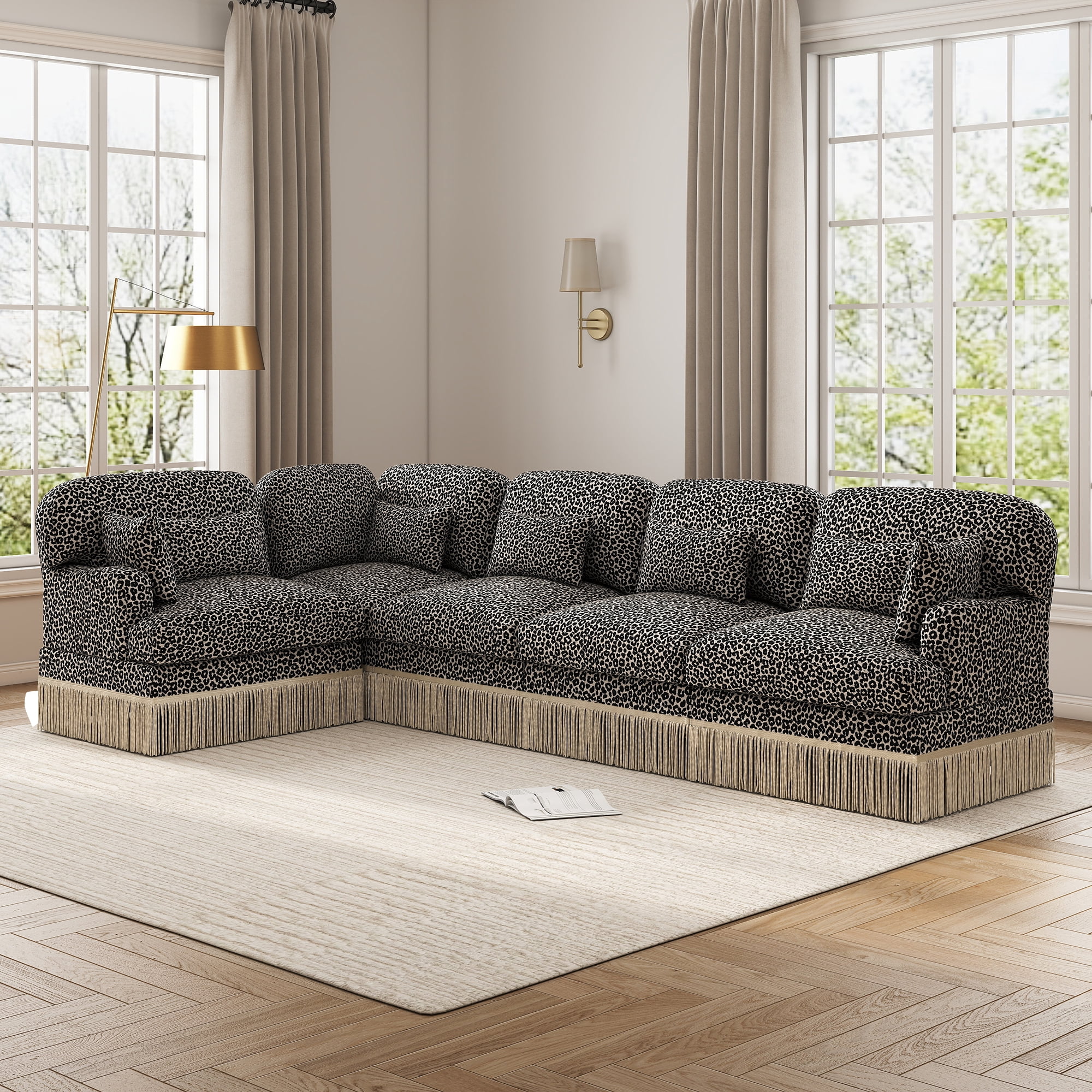 130" L Shaped 5 Seater Modular Sectional Corner Couches with 2 Throw Pillows and 5 Lumbar Pillows
