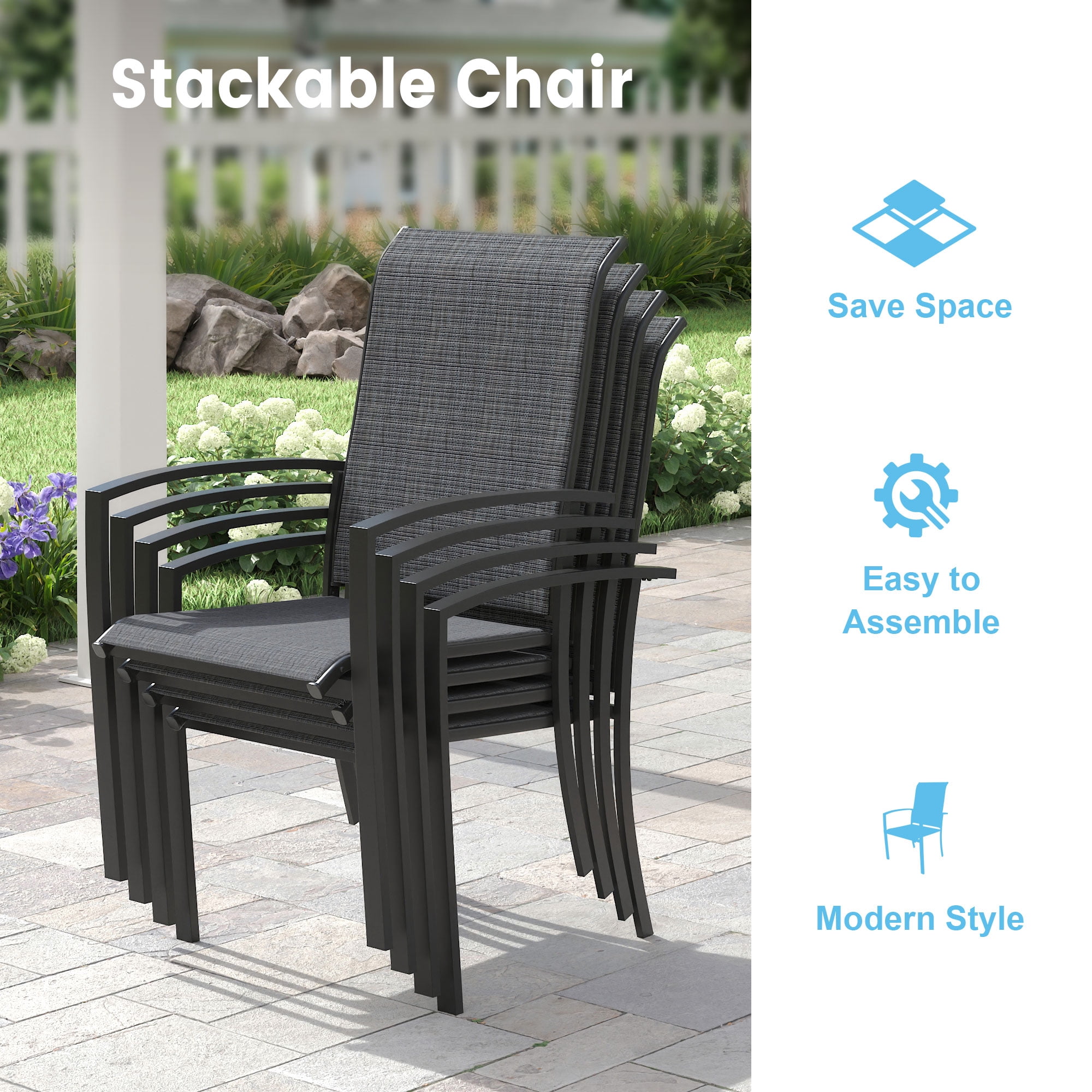 Vicllax Patio Outdoor Dining Chair Stackable Deck Porch Chair Set of 6 Metal Minimalist Style Black