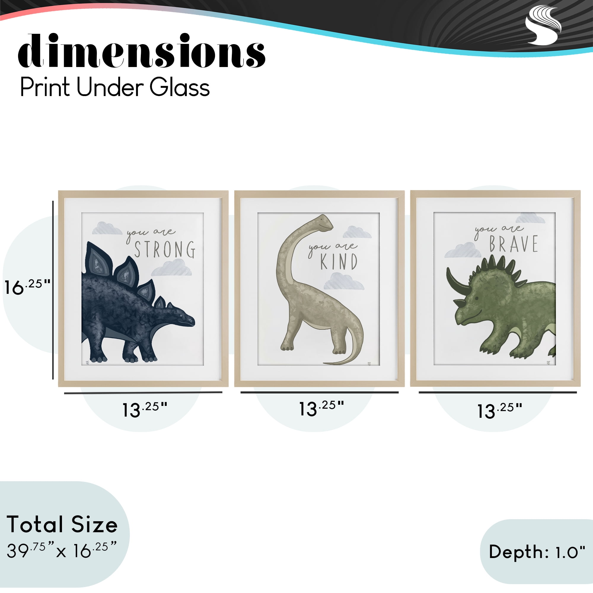 Stupell Industries Hopeful Encouraging Dinosaurs 3 Piece Birch Framed Print Under Glass Set, design by Elizabeth Tyndall