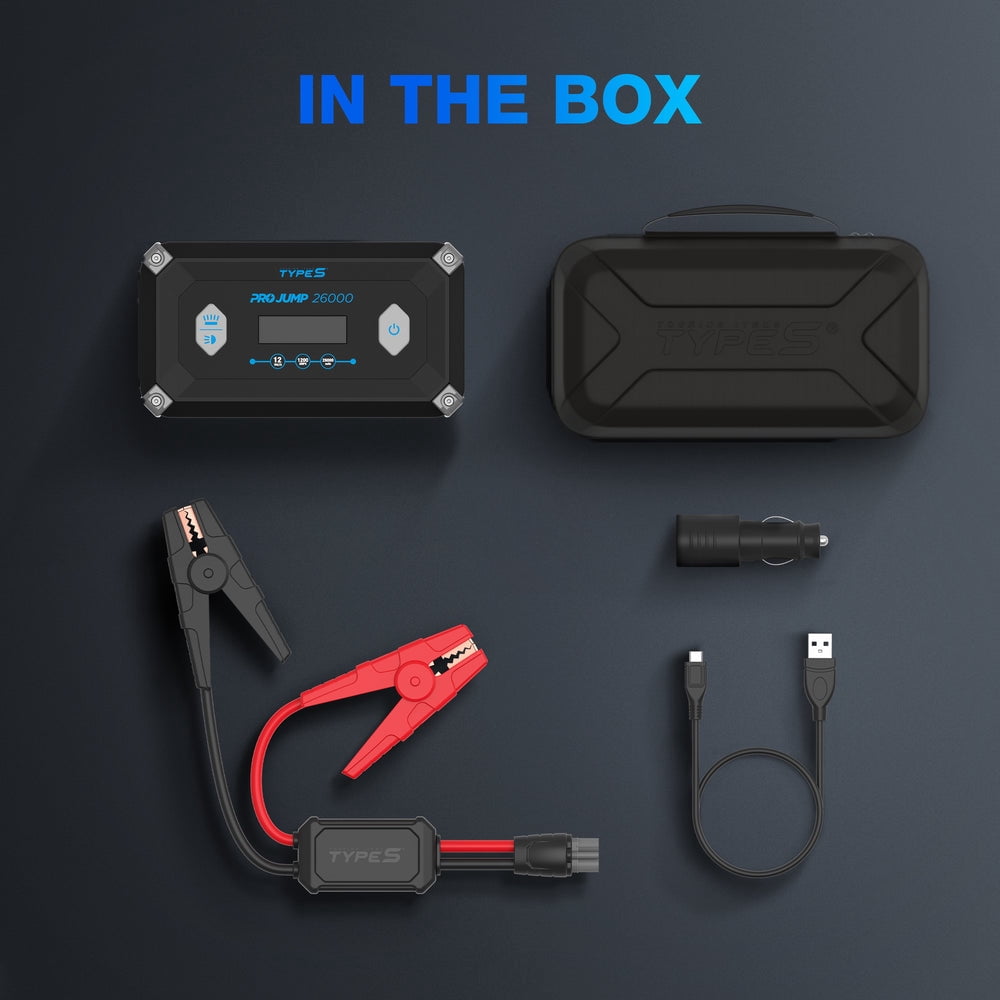 Type S Dynamic Pro 2500A Car Battery Jump Starter Portable Charger Power Bank, Laptop Power Bank 26000 mAh, 12V 9L Gas 6L Diesel, LCD Display Guide, USB-C & USB-A, LED Flashlight, UL Listed