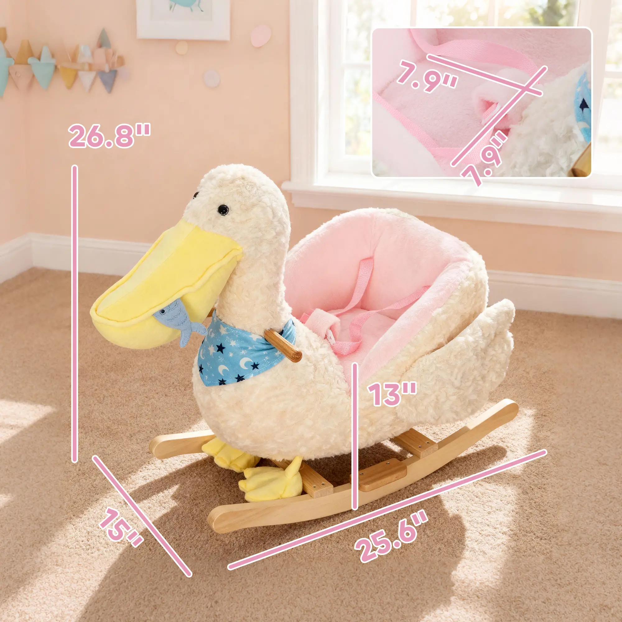 Kid's Plush Pelican Rocking Horse, White with Built-In Lullaby 3-Point Safety Belt, Wide Wood Base Steel Frame 55 lbs Capacity for 12+ Months 18-36 Months Toddlers