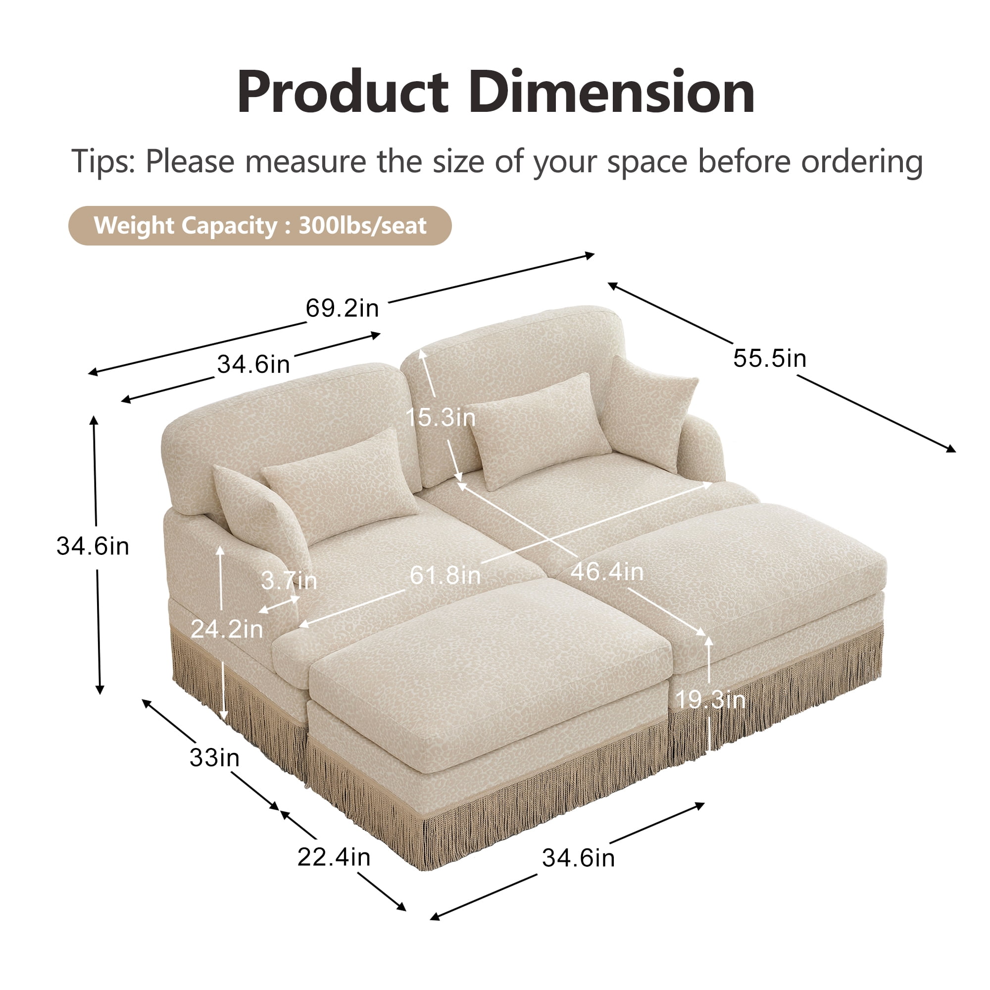 HUTWIFE Home Leopard Print Chenille  Modular Sectional Sofas with 2 Movable Ottoman, Beige Coffee