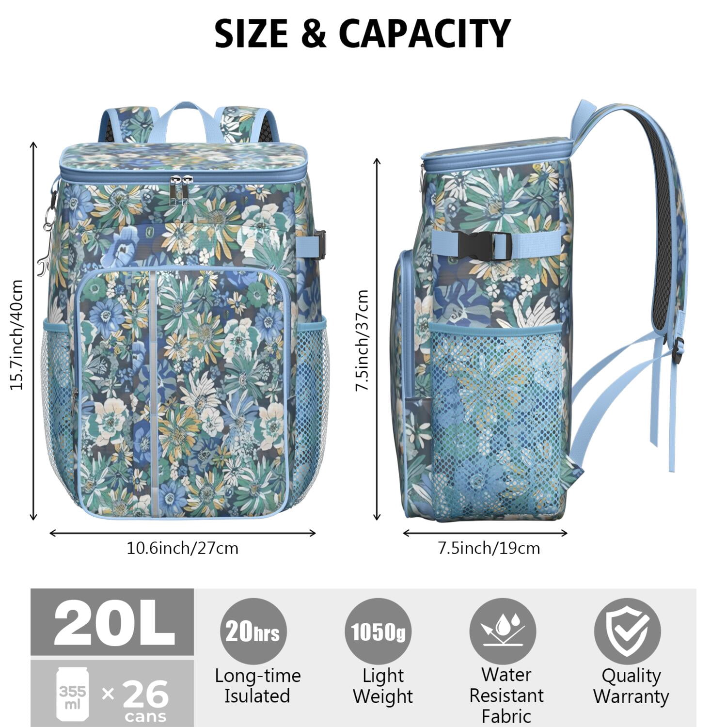 Travel Cooler Bag - Pioneer Flower Floral Print Pattern Camping Beer Cooler Backpack with Bottle Opener- Waterproof Insulated Picnic Backpacks - Cooler Bag for Beach