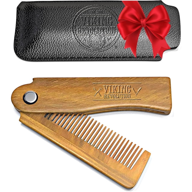 Peineta para barba Viking Revolution, plegable, de madera de sándalo verde, juego de 2
