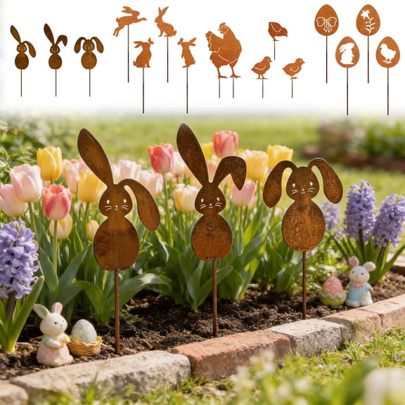 Blaxill Garden Decorations, Outdoor Flower Pot, Wrought Iron Silhouette, Brown Metal Stakes, 4 Pack, Yard/Courtyard Decor