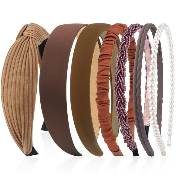 VELSCRUN Diademas para Mujer 7 Piezas Diferentes Bandas para la Cabeza de Perlas sólidas anudadas de Color marrón Oscuro Banda para el Cabello Antideslizante para Mujeres Gilrs Accesorios de Moda para