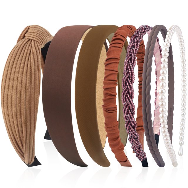 VELSCRUN Diademas para Mujer 7 Piezas Diferentes Bandas para la Cabeza de Perlas sólidas anudadas de Color marrón Oscuro Banda para el Cabello Antideslizante para Mujeres Gilrs Accesorios de Moda para