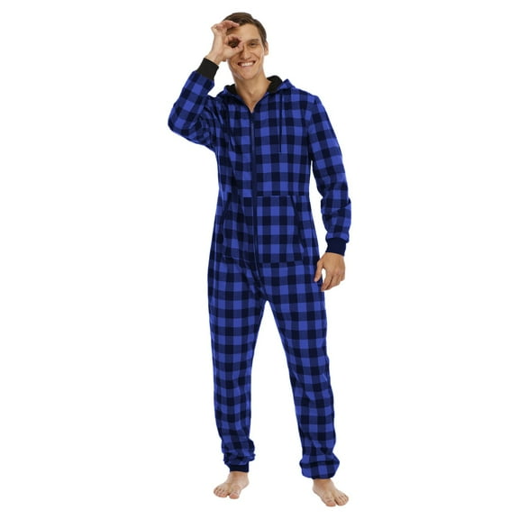 DHFJKG Winter Plaid Pajamas For Men Jumpsuit Loungewear Long Sleeve Hooded Drawstring Zipper Onesie With Pockets Sleepwear Soft Nightwear