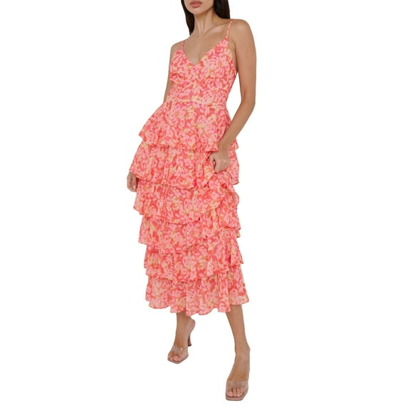 Women Floral Print Long Dress Spaghetti Strap V Neck Sexy Backless Tiered Ruffles Casual Beach Party Maxi Dresses