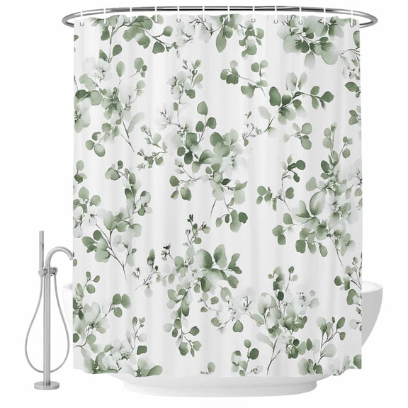 Sage Greenery Shower Curtain Set - Small 36" x 72" Washable Bathtub Curtain with 12 Hooks, Eucalyptus Sprigs Watercolor Botanicals Waterproof Fabric Stall Shower Curtains for Bathroom/Bathtub Décor