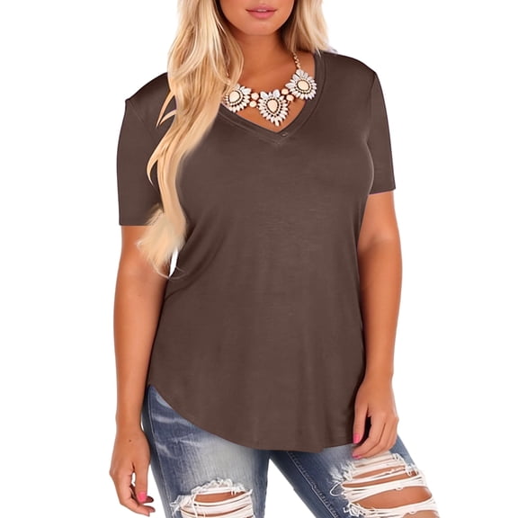 Kixjoy Plus Size Tunic Tops for Women Fashion Short Sleeve Loose Fit Shirts Basic Wear with Leggings V Neck Blouse Casual Business Summer Blouses for Women, Brown L