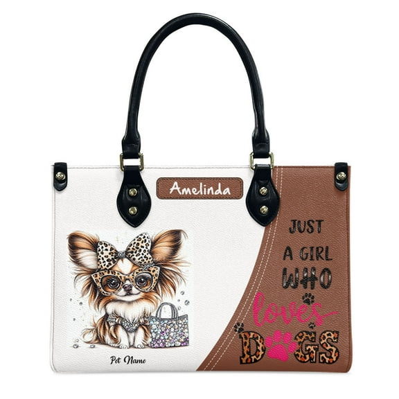 Papillon Dog Bag, Personalized Leather Handbags For Women - Personalized Leather Purse with Name - Tote Bags for Mom Grandma - Custom Gifts Ideas for Her, Gift for Dog Lover