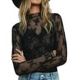 thumbnail image 3 of Lace Mesh Sheer Long Sleeve Tops for Women Layering Floral Embroidery See Through Tee Fitted Tight T Shirts Blouses Black M, 3 of 5