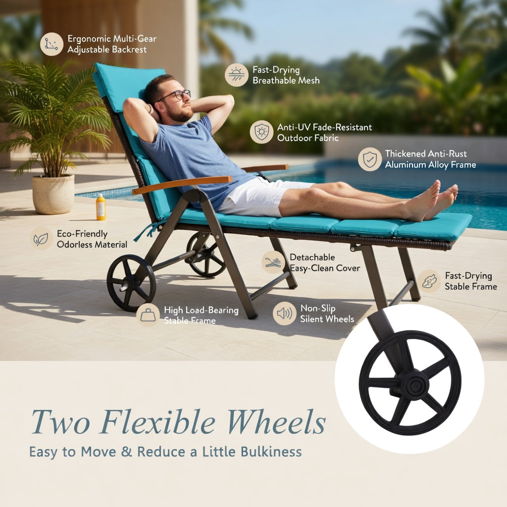 Hommoo Adjustable Outdoor Chaise Lounge Chair with PE Rattan & Cushion, Foldable, Wheeled, Turquoise