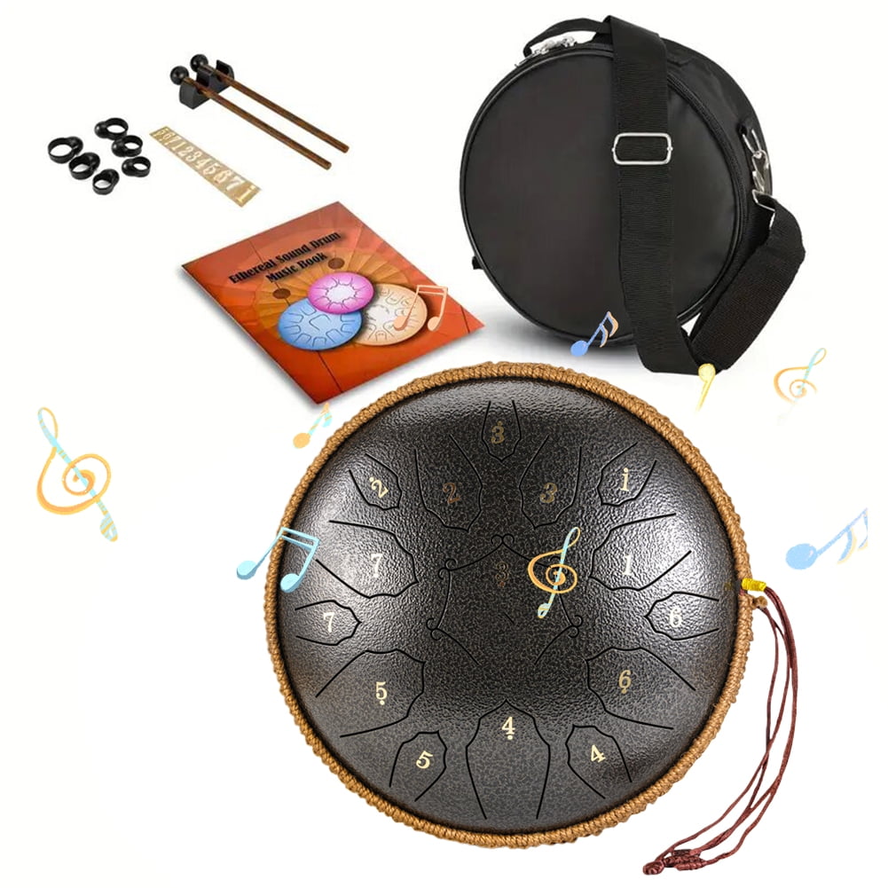 Steel Tongue Drum 15 Note 12 Inch Percussion Instrument Handpan Drum C Key for Meditation Entertainment Concert Yoga with Travel Bag, Mallets, Music Book (Sand Color)