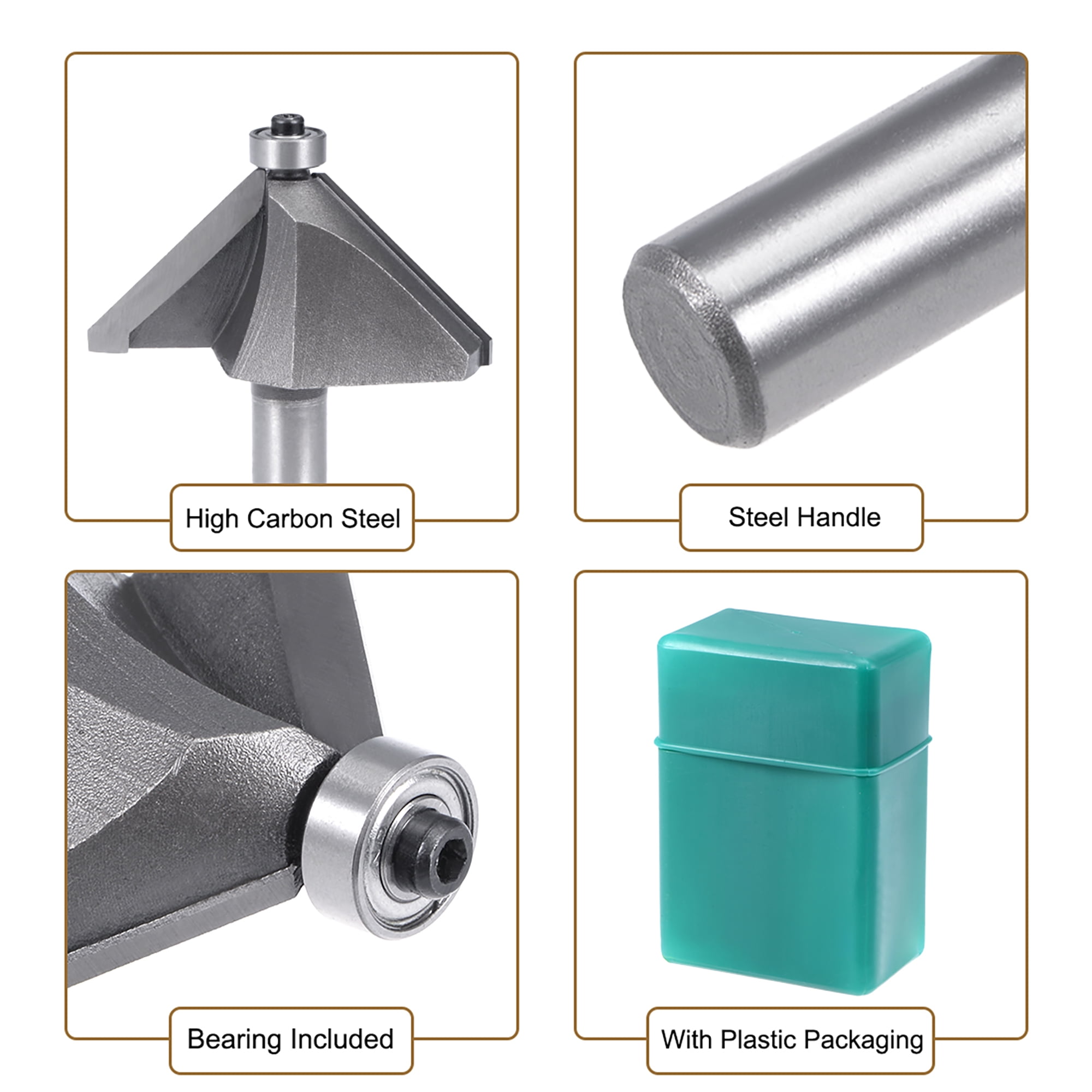 Chamfer Router Bit 1/2 Shank 11/2" Dia 45 Degree High Carbon Steel with Bearing for Carpentry
