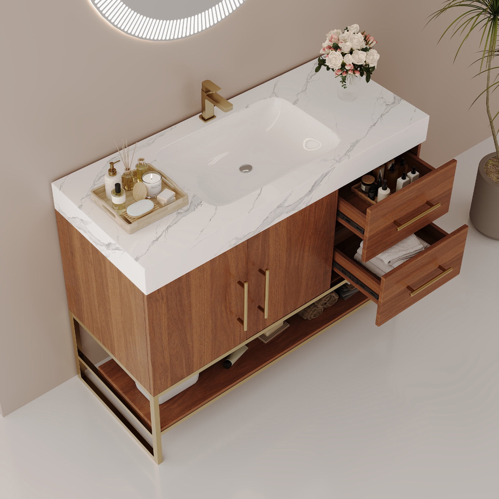 36" Bathroom Vanity with Sink, Freestanding Bathroom Storage Vanity Cabinet with 2 Soft Closing Doors, 2 Drawers and Storage Shelf, Walnut