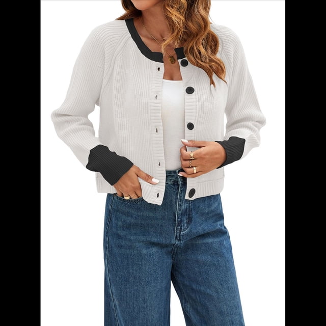 Suéteres Tipo Cárdigan Cortos para Mujer, de Otoño, de Larga, Abiertos Al Frente, con Botones y Bloques de Color, de Punto, Abrigos. S