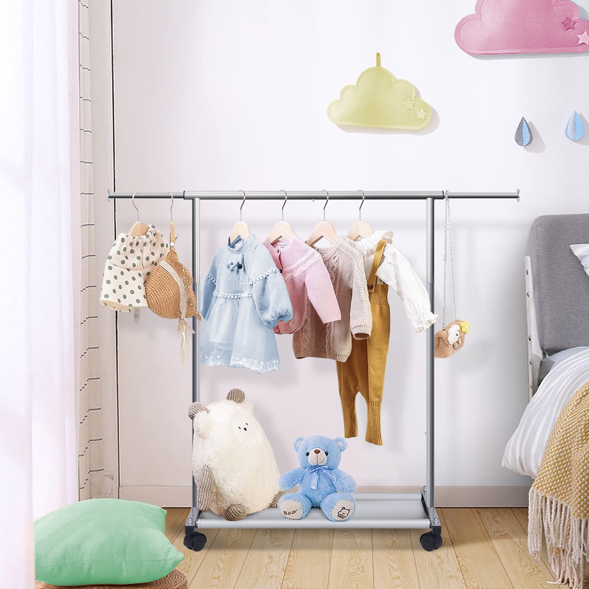 MISSLO Short Garment Clothes Rack with Wheels and Bottom Storage Shelves Heavy Duty Rolling Metal Hanging Clothes Rail for Kids Adult Coat Closet Wardrobe in Iraq at IQD 72596 Rating 5