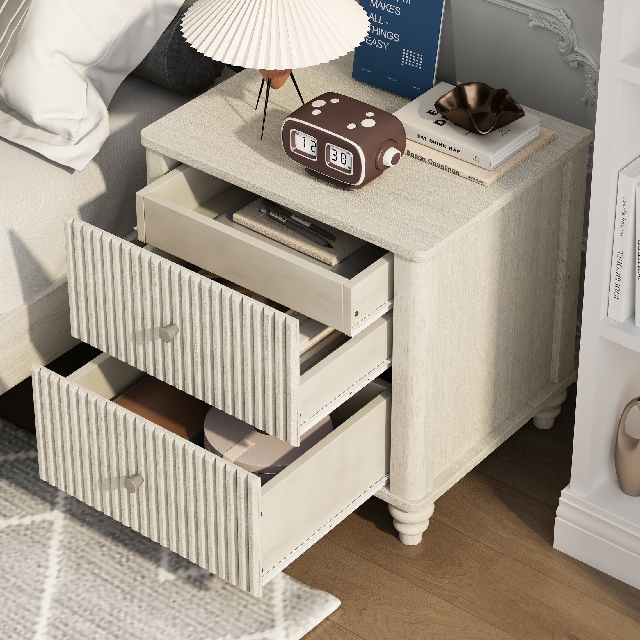 Noble House Gideus Fluted Nightstand, Mid-Century Drawer Bedside Table, Rubberwood Base with Metal Handles, Beige