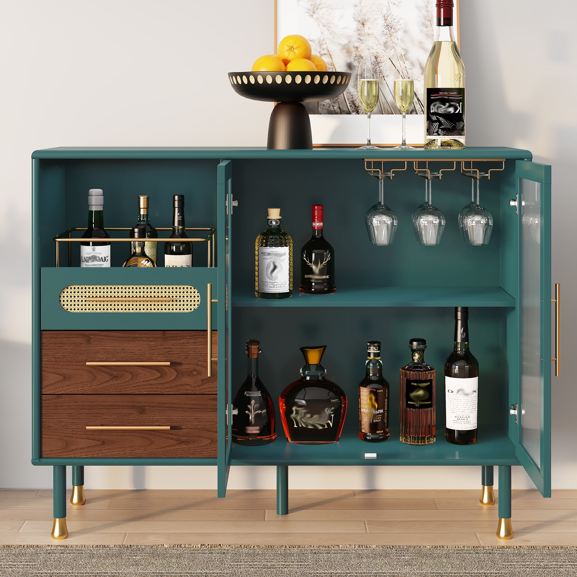 HLR 47.2" Coffee Wine Bar Cabinet with 2 Glass Doors, Modern Buffet Sideboard Table for Dining Room, Green