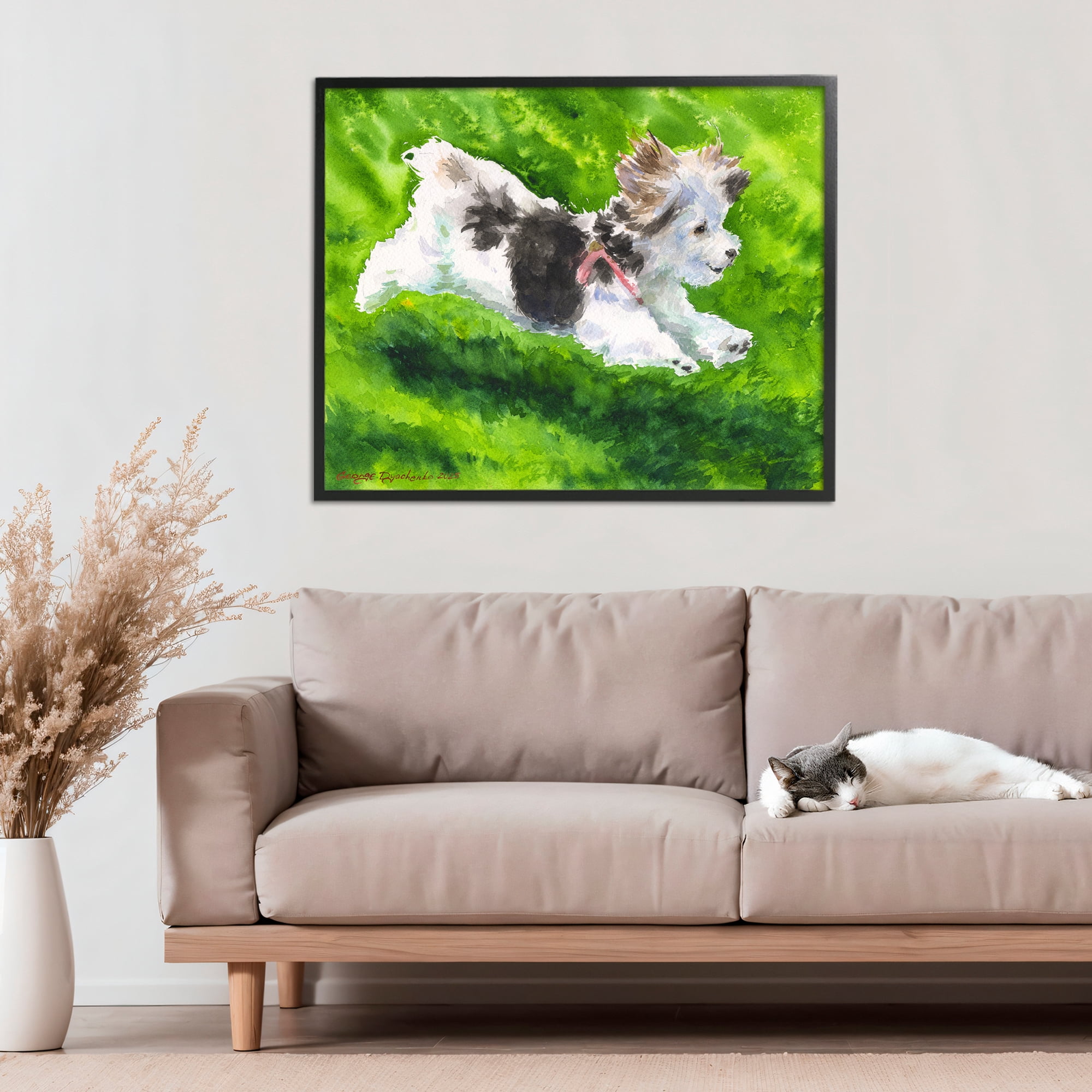 Stupell Industries Happy Maltipoo Running Black Framed Giclee Art, design by George Dyachenko