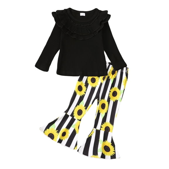 2T Baby Girls Clothes 3T Girls 2PCS Fall Winter Outfits Set Solid Color Toddler Girls Long Sleeve Top Floral Pants Set Black
